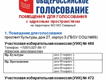 Перечень помещений участковых избирательных комиссий для голосования с адресами на территории МО МО Северный.